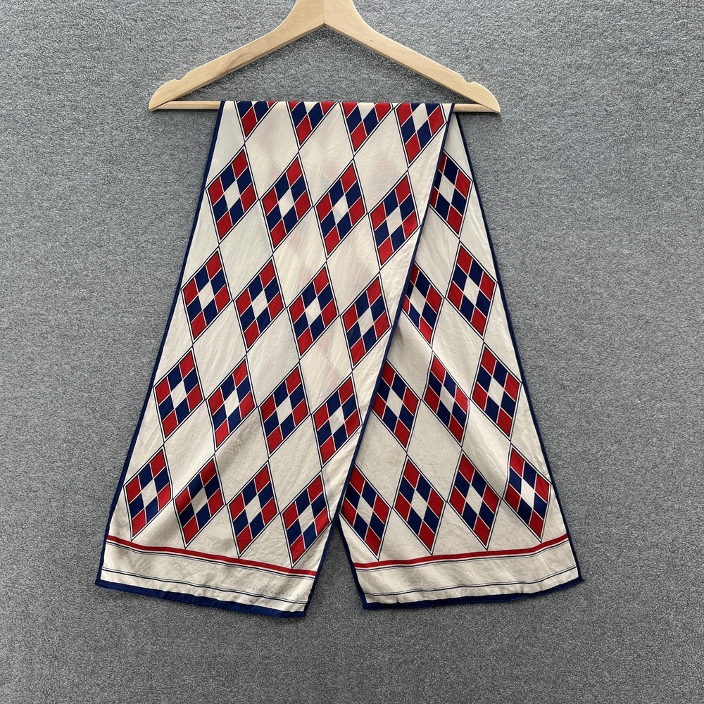 VTG Hattie Carnegie Scarf Womens Oblong Off White Silk Argyle Diamond Logo